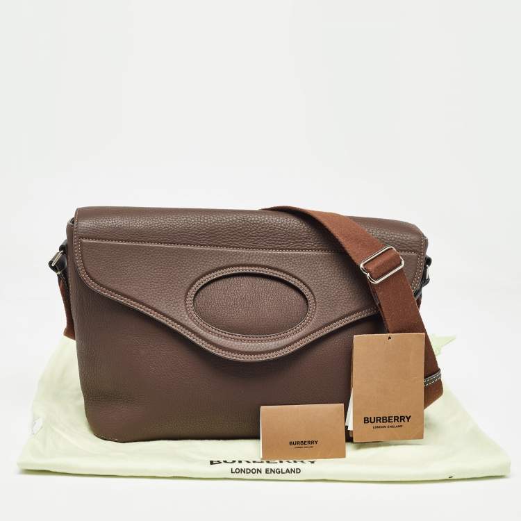 Pre Owned Burberry Dark Brown Leather Large Pocket Messenger Bag
