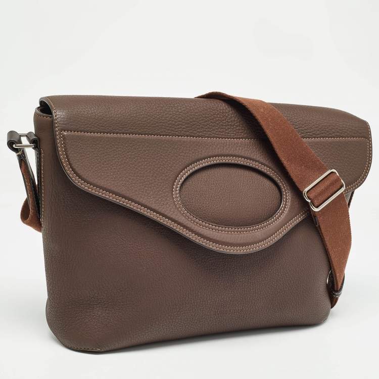 Pre Owned Burberry Dark Brown Leather Large Pocket Messenger Bag