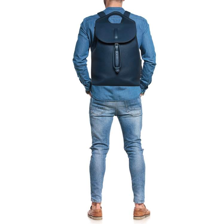 Pre Owned Burberry Ash Blue Grain Leather Pocket Backpack