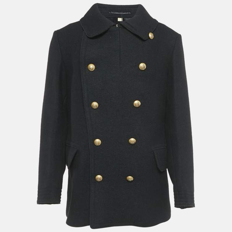 Pre Owned Burberry Black Wool Fur Collar Detail Double Breasted Coat XXL