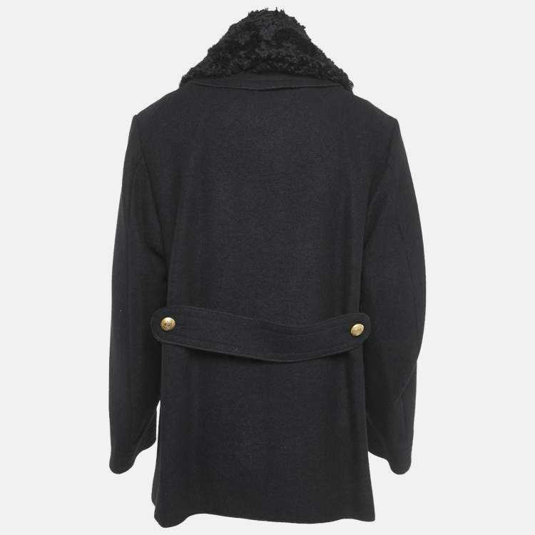 Pre Owned Burberry Black Wool Fur Collar Detail Double Breasted Coat XXL