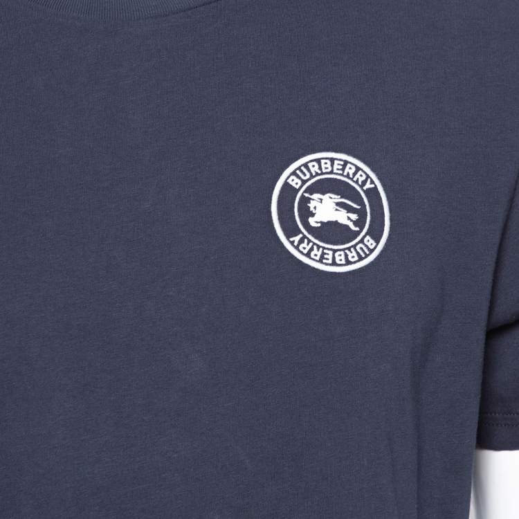 Pre Owned Burberry Navy Blue Cotton Logo Embroidered Jenson T-Shirt L