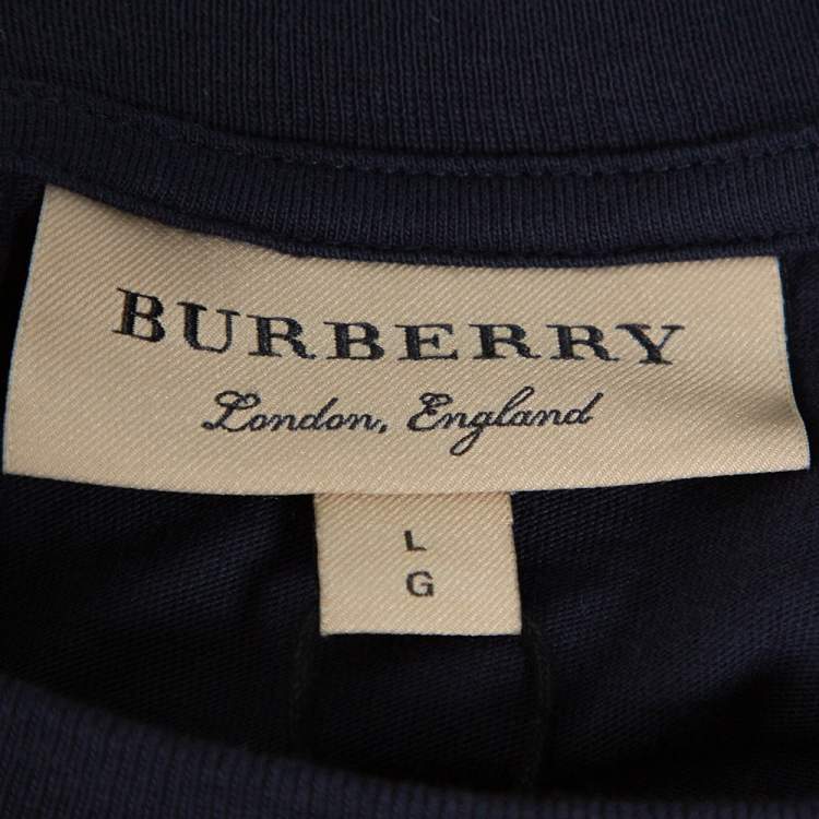 Pre Owned Burberry Navy Blue Cotton Logo Embroidered Jenson T-Shirt L