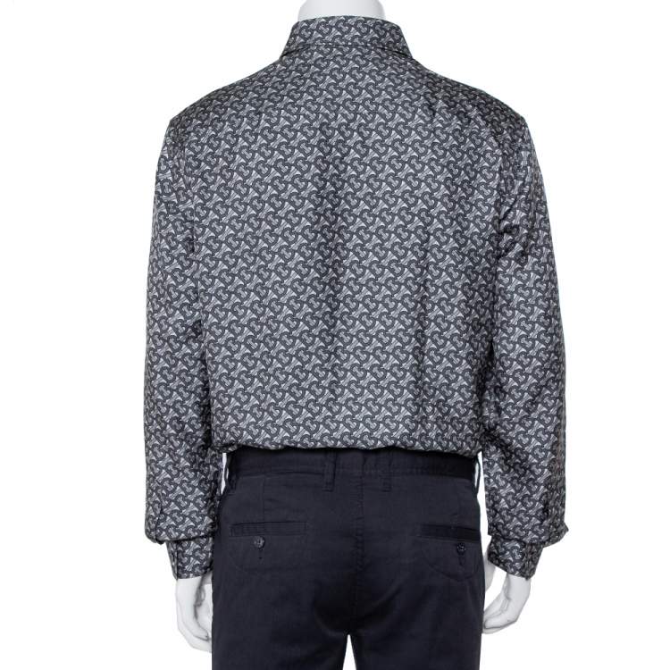 Pre Owned Burberry Grey Logo Monogram Printed Silk Button Front Shirt XL