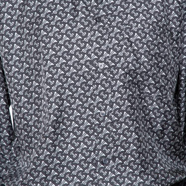 Pre Owned Burberry Grey Logo Monogram Printed Silk Button Front Shirt XL