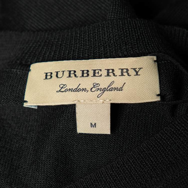 Pre Owned Burberry Black Merino Wool V-Neck Jumper M