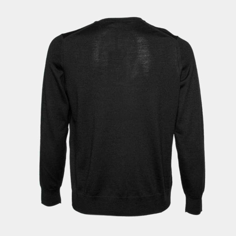 Pre Owned Burberry Black Merino Wool V-Neck Jumper L