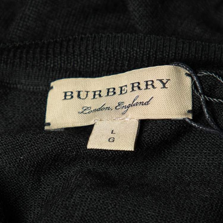 Pre Owned Burberry Black Merino Wool V-Neck Jumper L