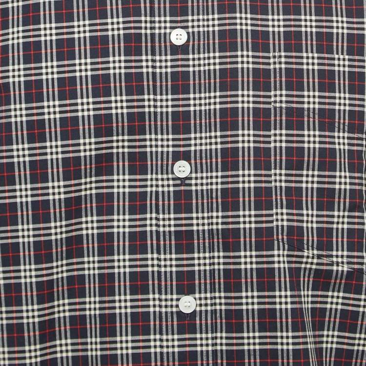 Pre Owned Burberry Navy Blue Checked Print Cotton Button Front Shirt XL