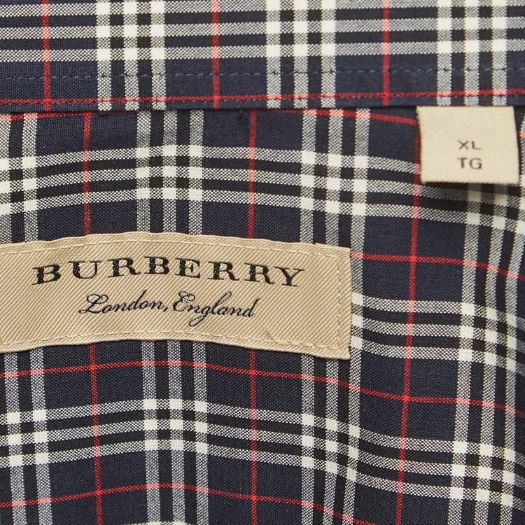 Pre Owned Burberry Navy Blue Checked Print Cotton Button Front Shirt XL