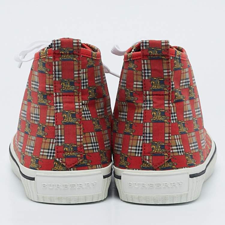 Pre Owned Burberry Red Check Fabric Kingly High Top Sneakers Size 45