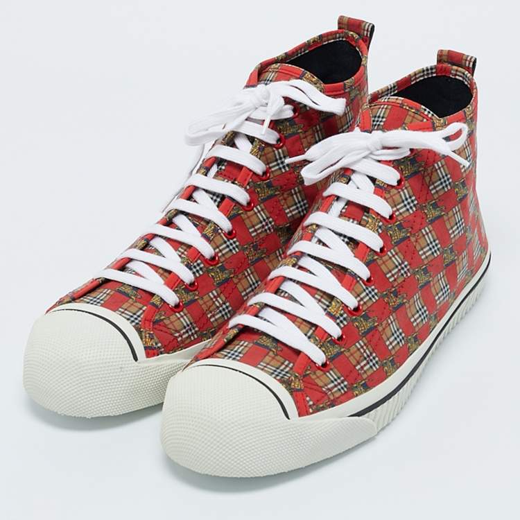 Pre Owned Burberry Red Check Fabric Kingly High Top Sneakers Size 45