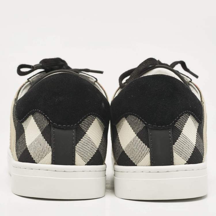 Pre Owned Burberry Black/Beige Leather and House Check Canvas Low Top Sneakers Size 43