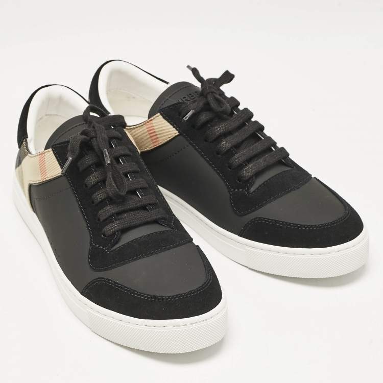 Pre Owned Burberry Black/Beige Leather and House Check Canvas Low Top Sneakers Size 43