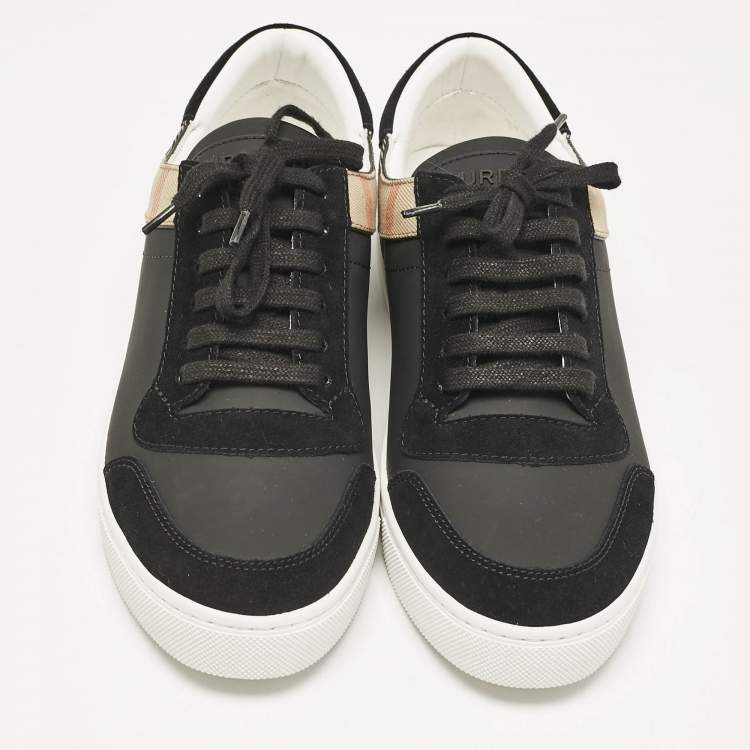 Pre Owned Burberry Black/Beige Leather and House Check Canvas Low Top Sneakers Size 43
