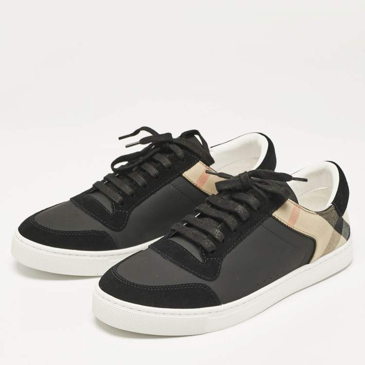 Pre Owned Burberry Black/Beige Leather and House Check Canvas Low Top Sneakers Size 43