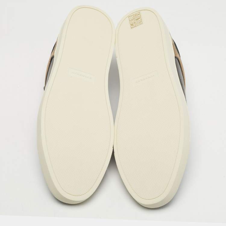 Pre Owned Burberry Black/Beige Leather and House Check Canvas Low Top Sneakers Size 43