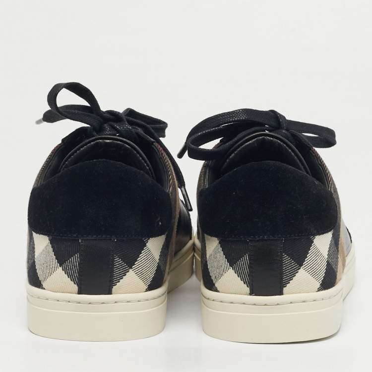 Pre Owned Burberry Black/Beige Leather and House Check Canvas Low Top Sneakers Size 43