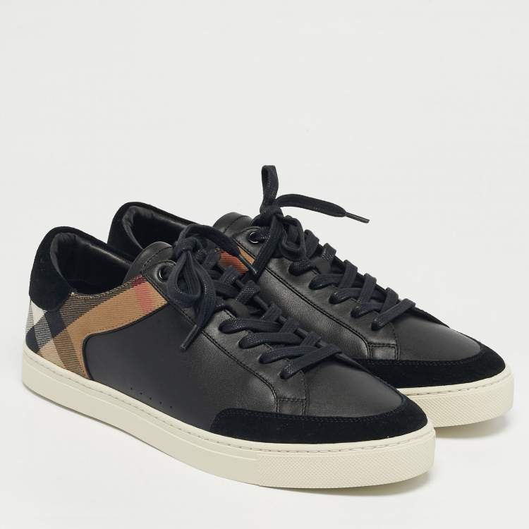 Pre Owned Burberry Black/Beige Leather and House Check Canvas Low Top Sneakers Size 43