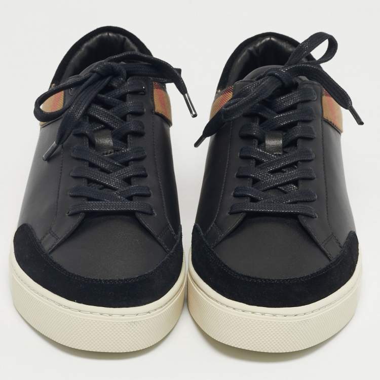 Pre Owned Burberry Black/Beige Leather and House Check Canvas Low Top Sneakers Size 43