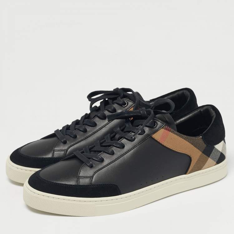 Pre Owned Burberry Black/Beige Leather and House Check Canvas Low Top Sneakers Size 43