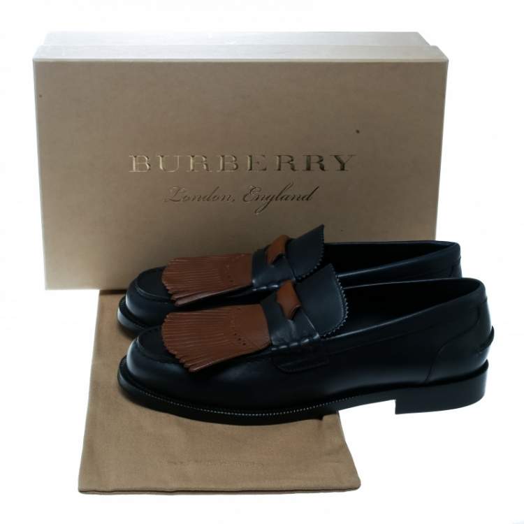 Pre Owned Burberry Dark Blue Leather Bedmoore Fringe Detail Penny Loafers Size 45
