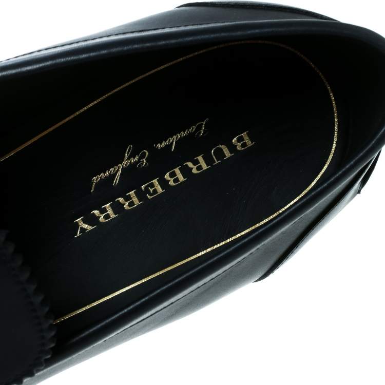 Pre Owned Burberry Dark Blue Leather Bedmoore Fringe Detail Penny Loafers Size 45