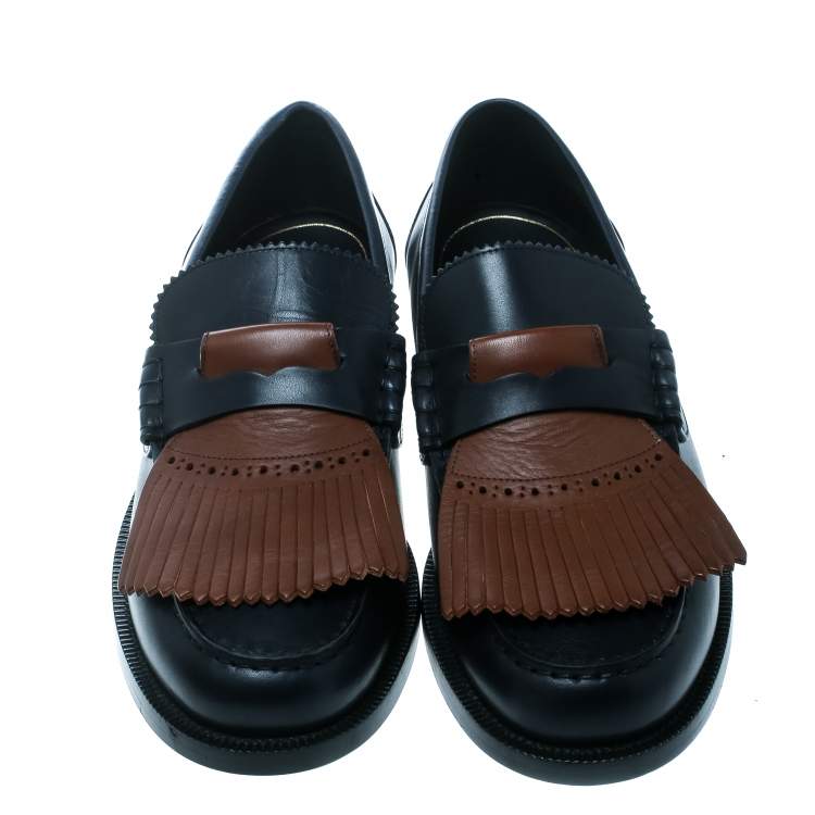 Pre Owned Burberry Dark Blue Leather Bedmoore Fringe Detail Penny Loafers Size 45