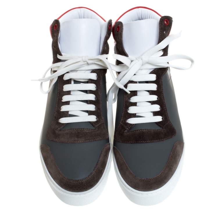 Pre Owned Burberry Grey/Red Leather and Suede Reeth High Top Sneakers Size 45
