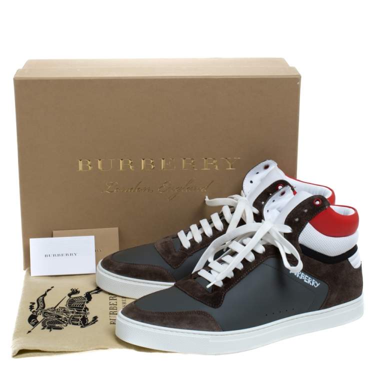 Pre Owned Burberry Grey/Red Leather and Suede Reeth High Top Sneakers Size 45