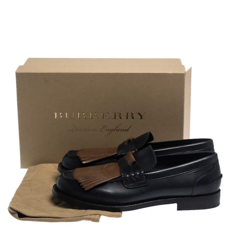 Pre Owned Burberry Black/Brown Leather Bedmoore Fringe Detail Penny Loafers Size 44
