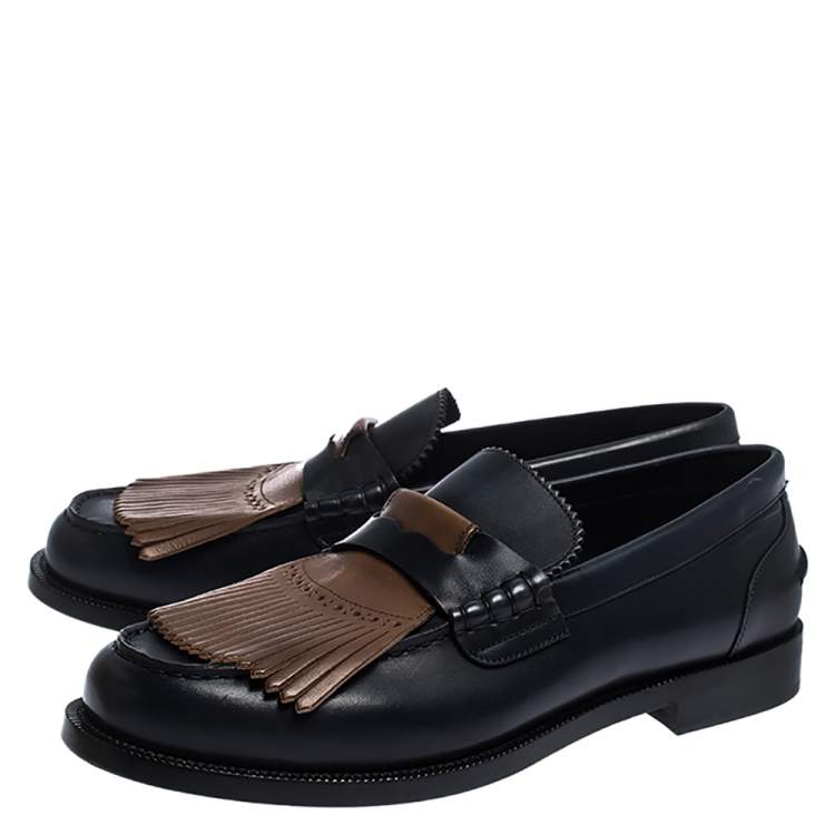 Pre Owned Burberry Black/Brown Leather Bedmoore Fringe Detail Penny Loafers Size 44