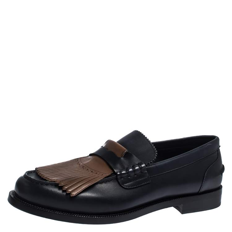 Pre Owned Burberry Black/Brown Leather Bedmoore Fringe Detail Penny Loafers Size 44