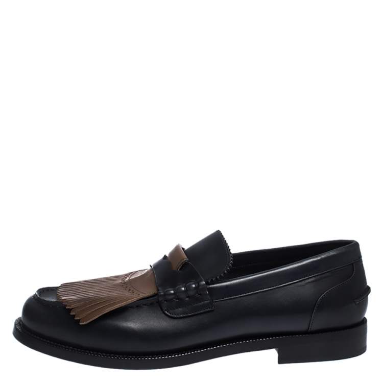 Pre Owned Burberry Black/Brown Leather Bedmoore Fringe Detail Penny Loafers Size 44