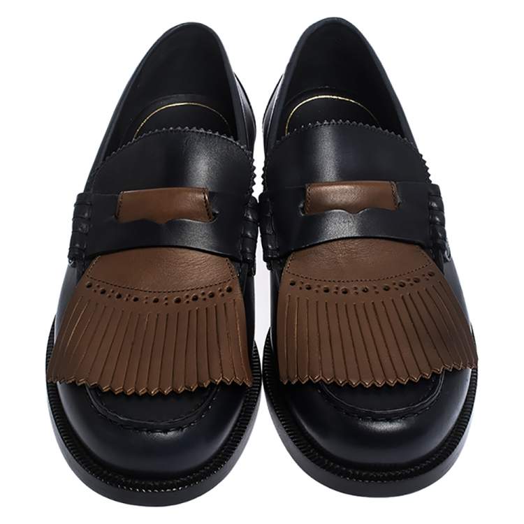 Pre Owned Burberry Black/Brown Leather Bedmoore Fringe Detail Penny Loafers Size 44