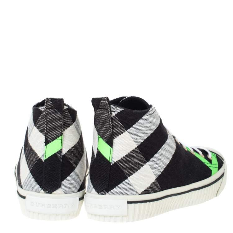 مملوكة مسبقًا Burberry Black/Fluorescent Green Check Canvas Mid-Top Sneakers Size 41.5