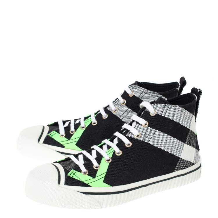 مملوكة مسبقًا Burberry Black/Fluorescent Green Check Canvas Mid-Top Sneakers Size 41.5