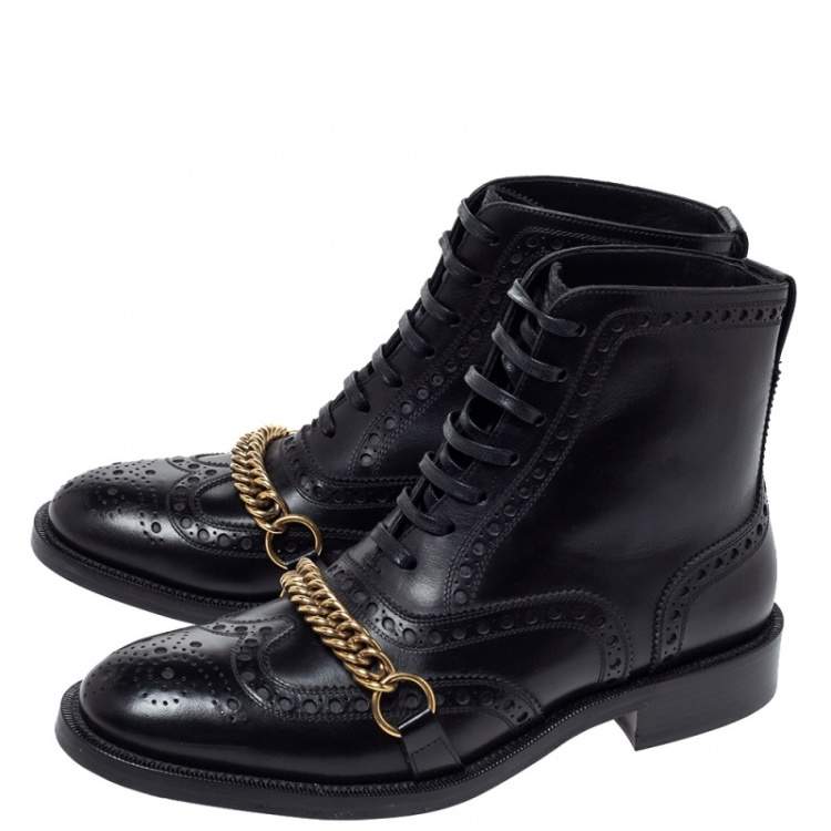 Pre Owned Burberry Black Brogue Leather Barksby Chain Detail Ankle Boots Size 40.5
