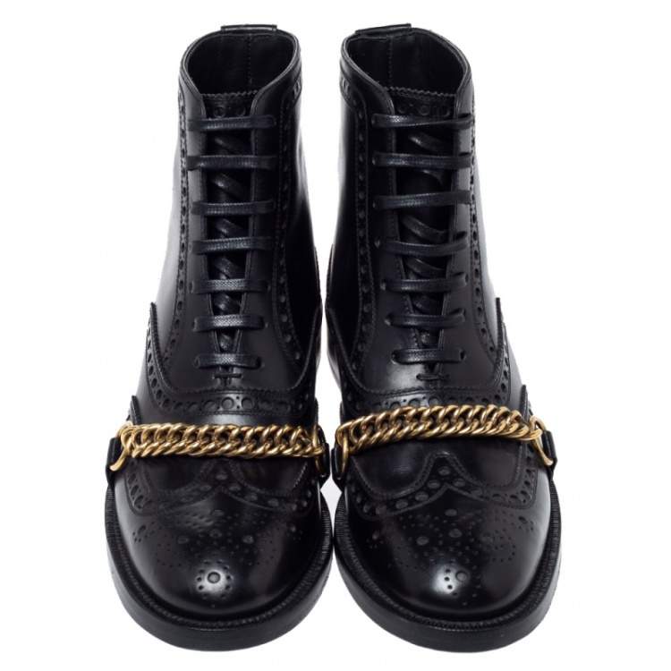 Pre Owned Burberry Black Brogue Leather Barksby Chain Detail Ankle Boots Size 40.5