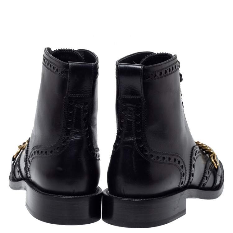 Pre Owned Burberry Black Brogue Leather Barksby Chain Detail Ankle Boots Size 40.5