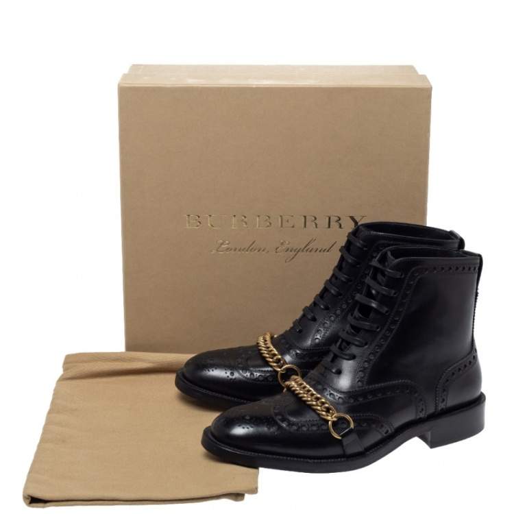 Pre Owned Burberry Black Brogue Leather Barksby Chain Detail Ankle Boots Size 40.5
