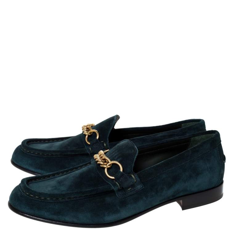 Pre Owned Burberry Green Suede Solway Chain Detail Slip On Loafers Size 44.5