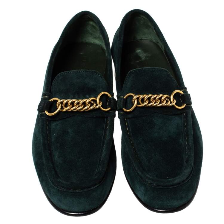 Pre Owned  Burberry Green Suede Solway Chain Detail Slip On Loafers Size 42