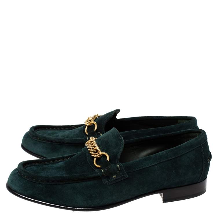 Pre Owned  Burberry Green Suede Solway Chain Detail Slip On Loafers Size 42