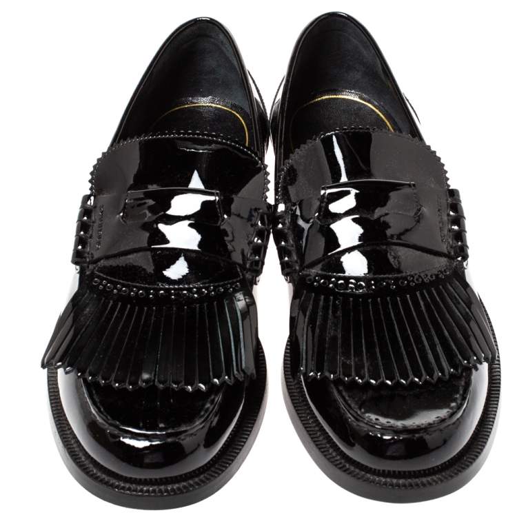 Pre Owned Burberry Black Patent Leather Bedmoore Fringe Detail Penny Loafers Size 44