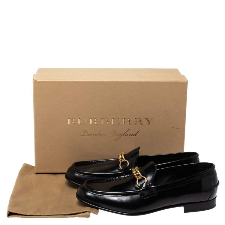 Pre Owned  Burberry Black Leather Solway Chain Detail Slip On Loafers Size 44