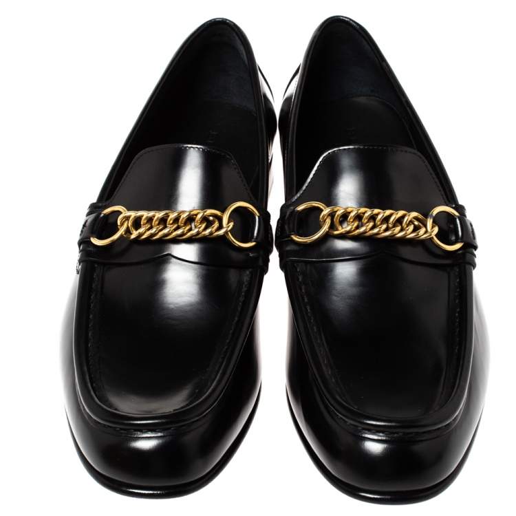 Pre Owned  Burberry Black Leather Solway Chain Detail Slip On Loafers Size 44