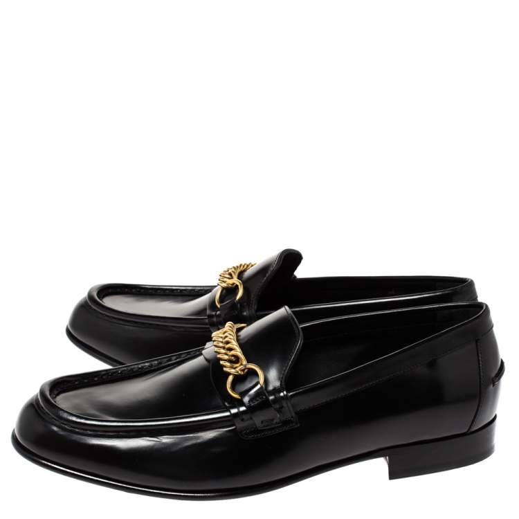 Pre Owned Burberry Black Leather Solway Chain Detail Slip On Loafers Size 44.5