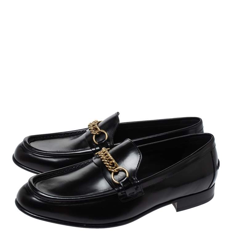 Pre Owned Burberry Black Leather Solway Chain Detail Slip On Loafers Size 43