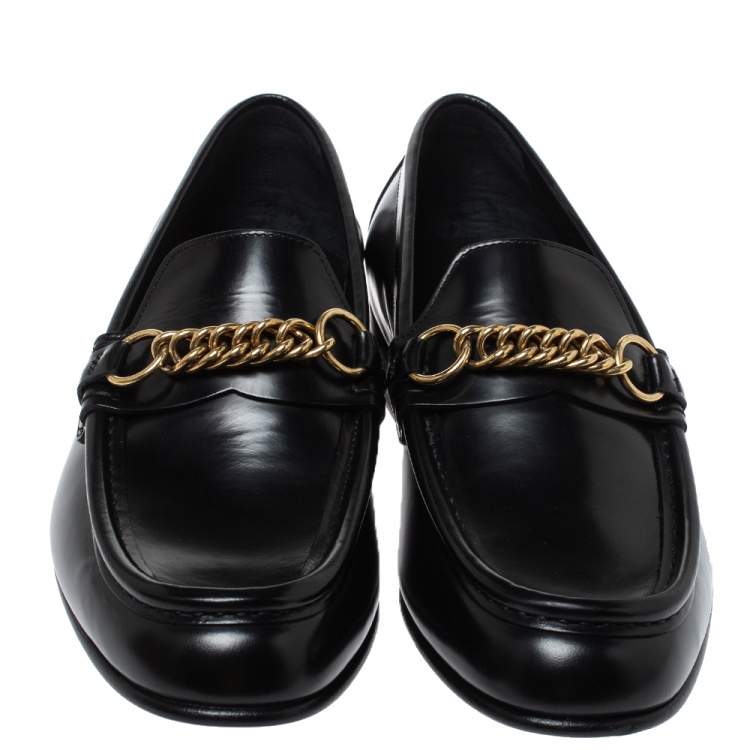 Pre Owned Burberry Black Leather Solway Chain Detail Slip On Loafers Size 43